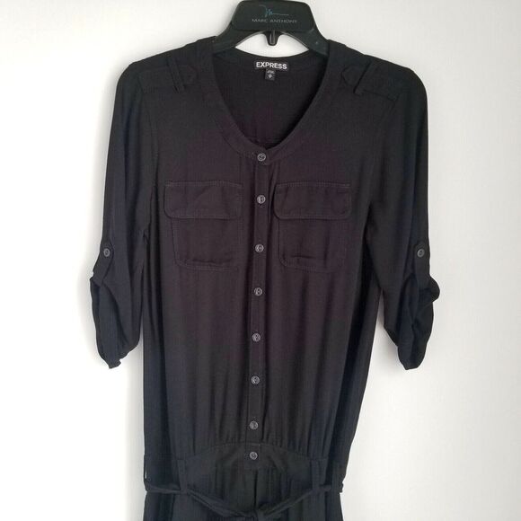Express Button Front Jumpsuit Womens XS Roll Tab Sleeve Black Viscose Front Tie - Picture 2 of 9